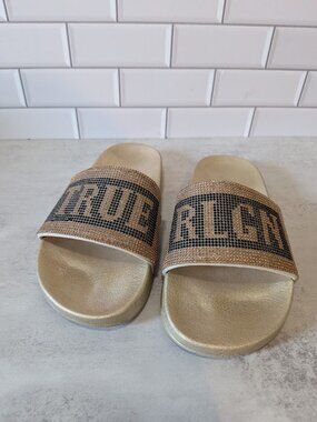 TRUE RELIGION "Jasmine Bling" Gold & Black Women's Slides - Size 7
